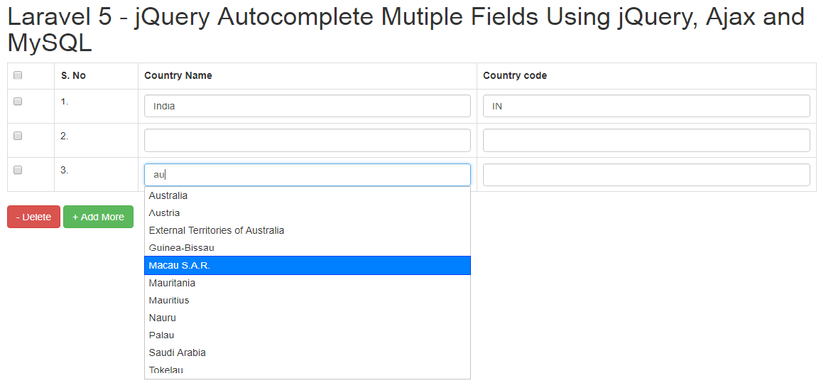 Laravel 5 - Autocomplete Mutiple Fields Using jQuery, Ajax and MySQL