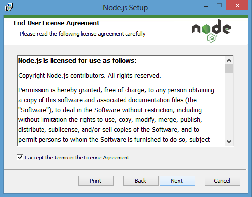 License Agreement to install node.js