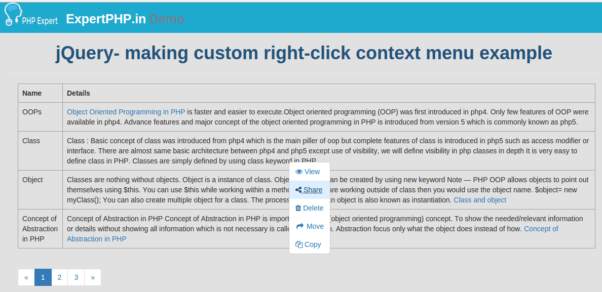 jQuery making custom right-click context menu example