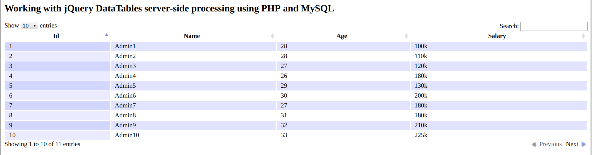 Working with jQuery DataTables server-side processing using PHP and MySQL
